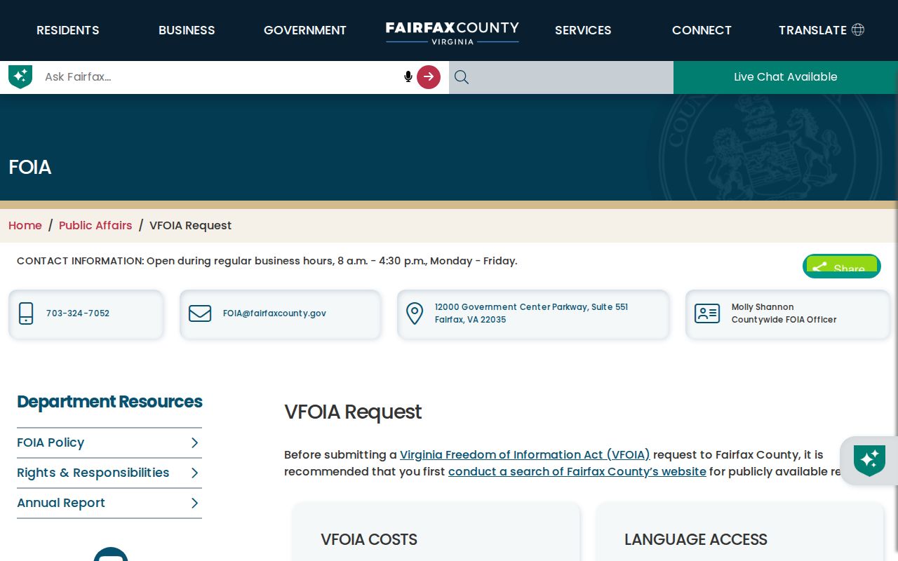 Lincolnia residents directory Fairfax VFOIA request form