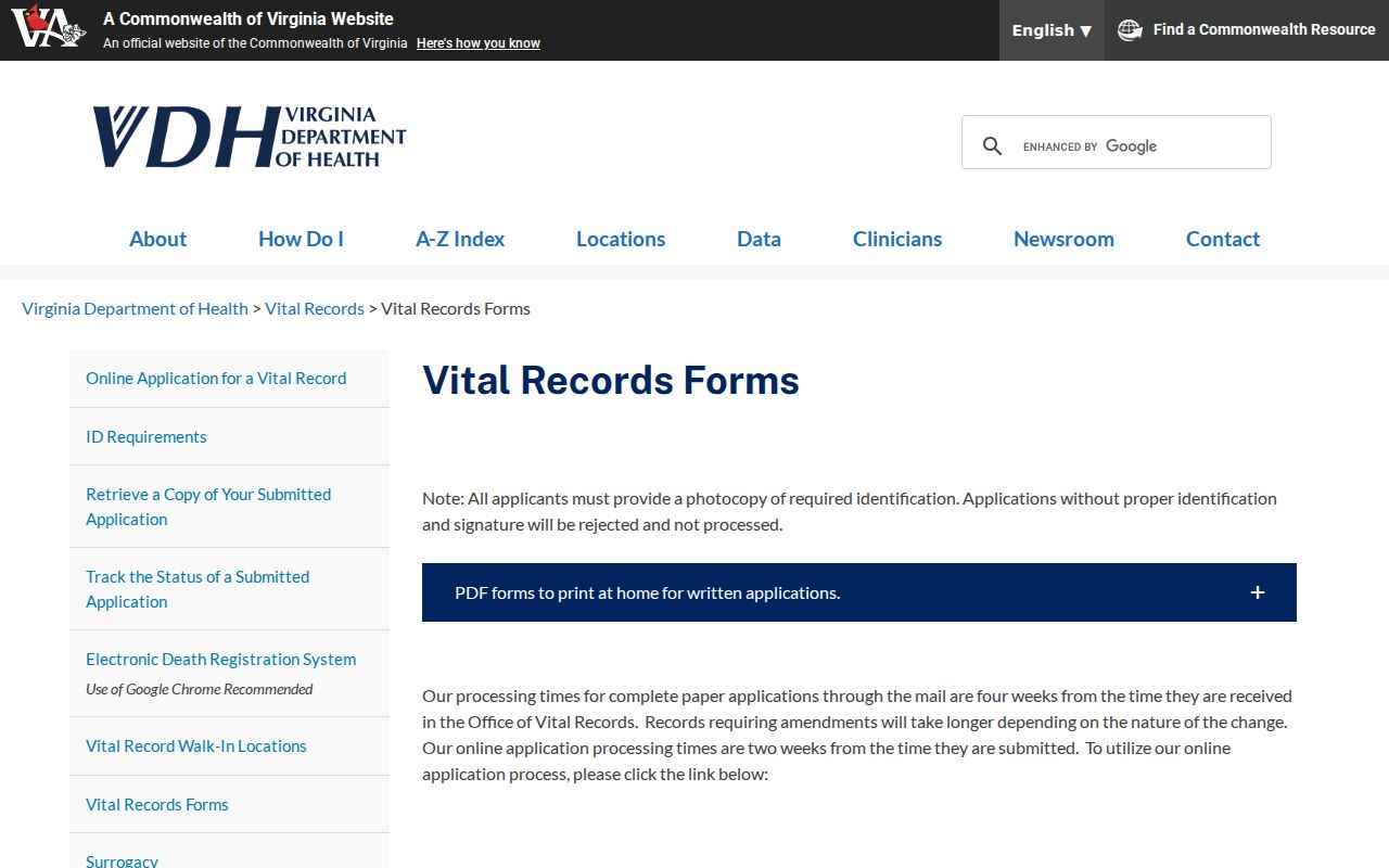 Lincolnia resident lookup through Virginia vital record forms